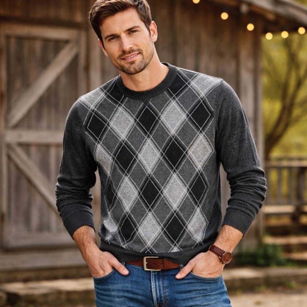 Nordstrom 100% Cashmere Sweater Mens M Pullover Argyle‎ Diamond Gray Black